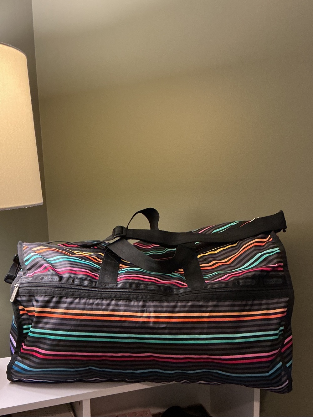 Lesportsac Black with Multicolor Rainbow Stripe Duffel Bag LARGE Shoulder Strap